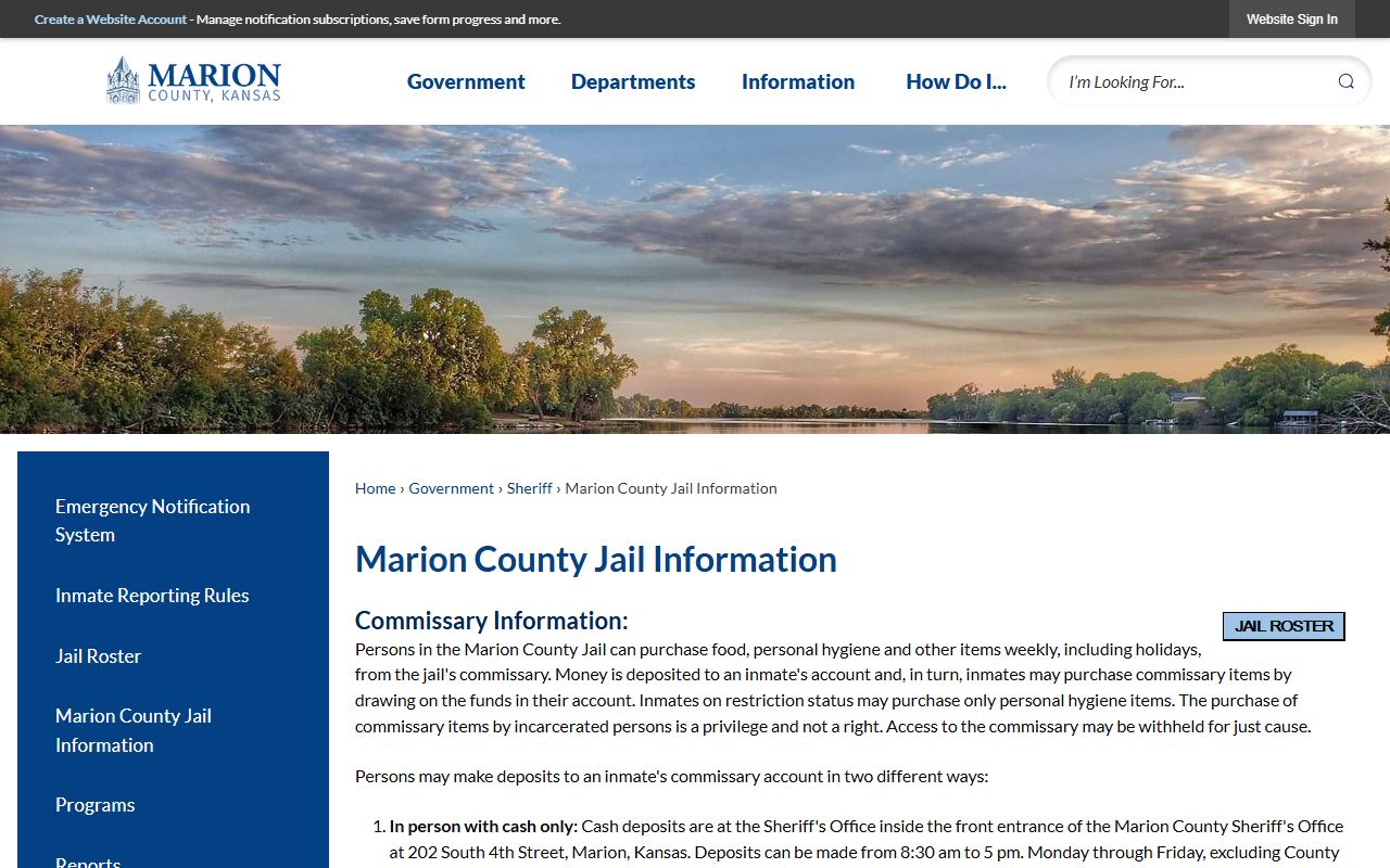Marion County Jail information page showing commissary visitation and mail rules